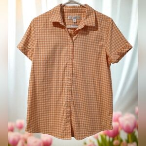 Southern Tide Mango Orange White Gingham Stretch Button Down Shirt Womans Medium